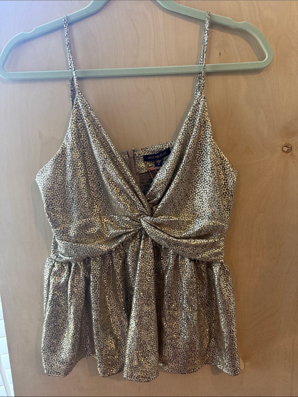 Skies Are Blue Metallic Gold Twist-Front Cami